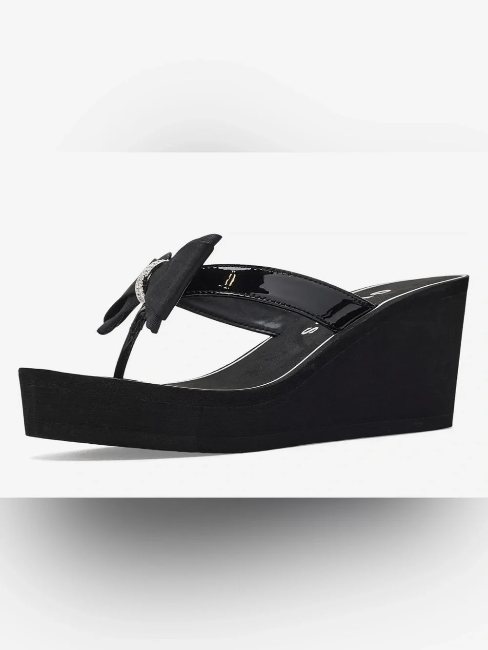 Black Wedge Flip-Flop Sandals with Bow and Rhinestone Accent Size 9